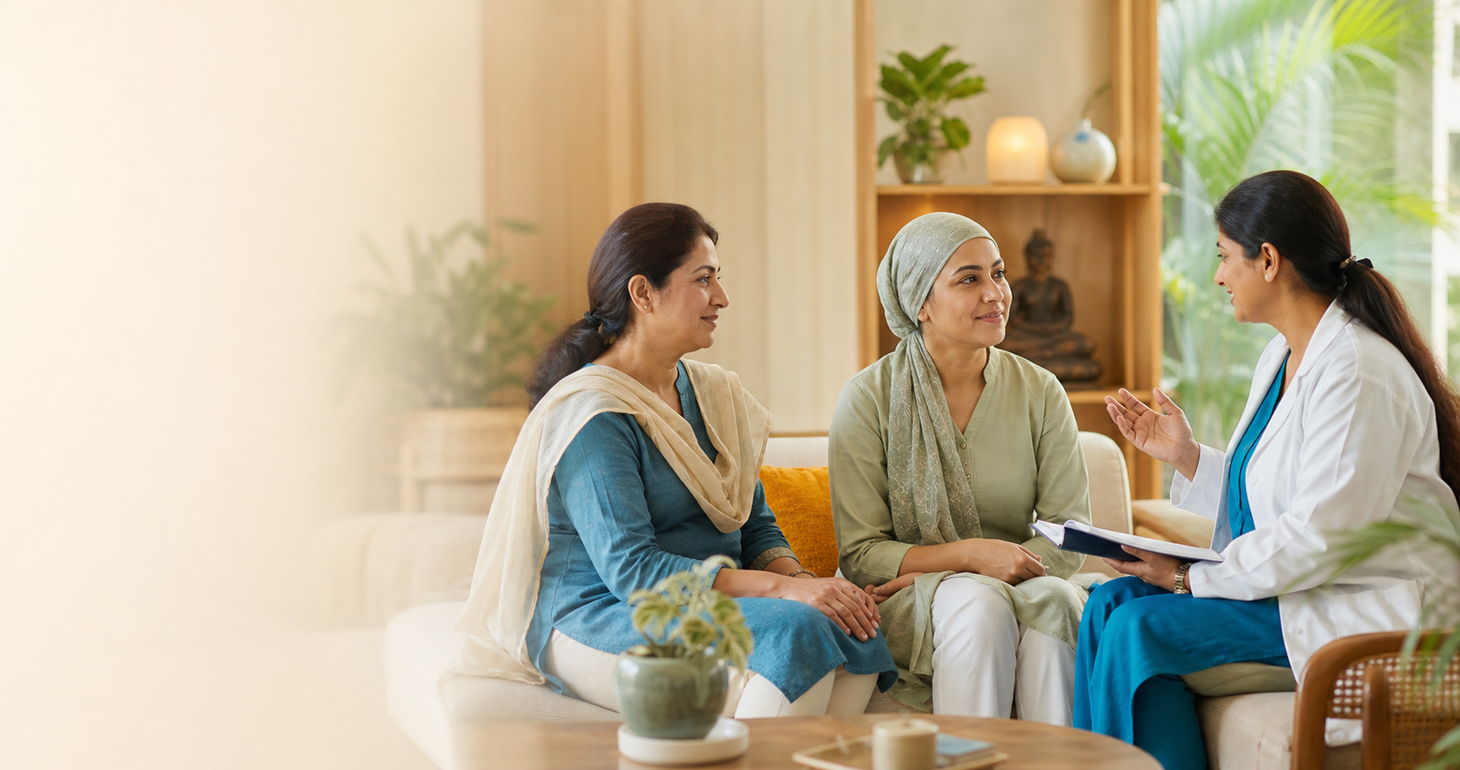 A cancer patient and caregiver receiving compassionate guidance from a healthcare professional